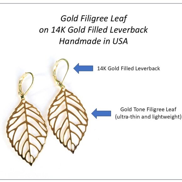 Gold Leaf Dangle Earrings 14k Gold Filled Lever Backs for Women Handmade in USA - Picture 3 of 3